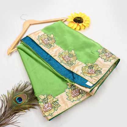 Indian Pre-owned Heavy Green Pure Organza Silk Hand Embroidered Dupatta Designer By Manish Malhotra Zardozi Bridal Veil