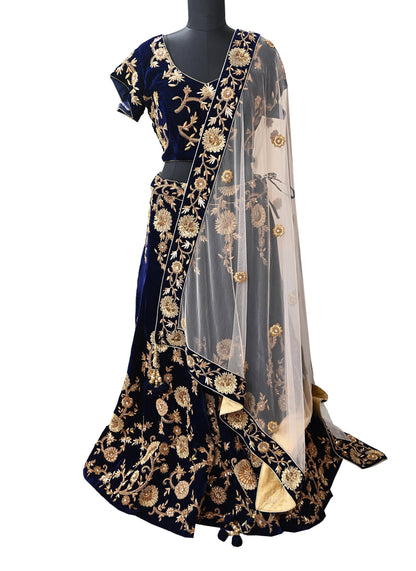 Indian Pre-owned Heavy Blue & Peach Velvet/Net Hand Embroidered Lehenga 3pcs Set By Designer Sabyasachi Bridal Wear With Padded Blouse