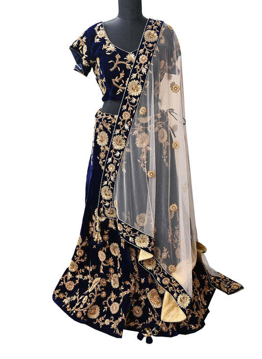 Indian Pre-owned Heavy Blue & Peach Velvet/Net Hand Embroidered Lehenga 3pcs Set By Designer Sabyasachi Bridal Wear With Padded Blouse