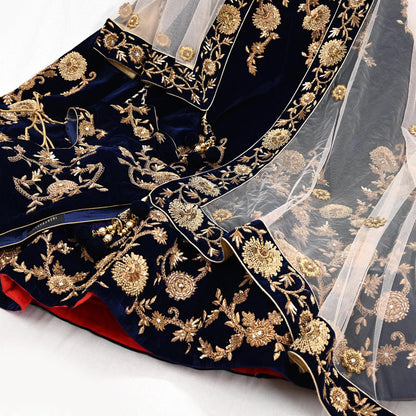 Indian Pre-owned Heavy Blue & Peach Velvet/Net Hand Embroidered Lehenga 3pcs Set By Designer Sabyasachi Bridal Wear With Padded Blouse