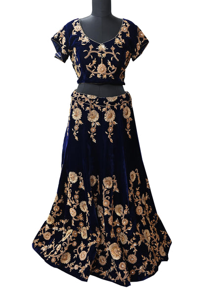 Indian Pre-owned Heavy Blue & Peach Velvet/Net Hand Embroidered Lehenga 3pcs Set By Designer Sabyasachi Bridal Wear With Padded Blouse