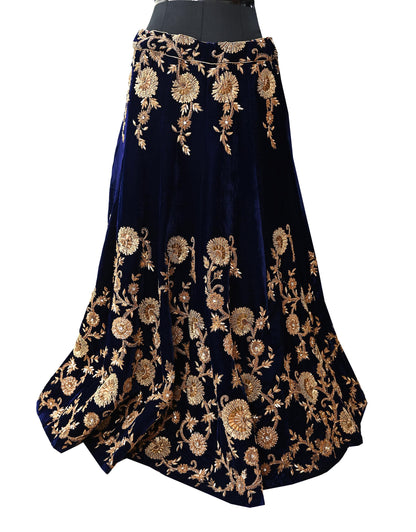 Indian Pre-owned Heavy Blue & Peach Velvet/Net Hand Embroidered Lehenga 3pcs Set By Designer Sabyasachi Bridal Wear With Padded Blouse