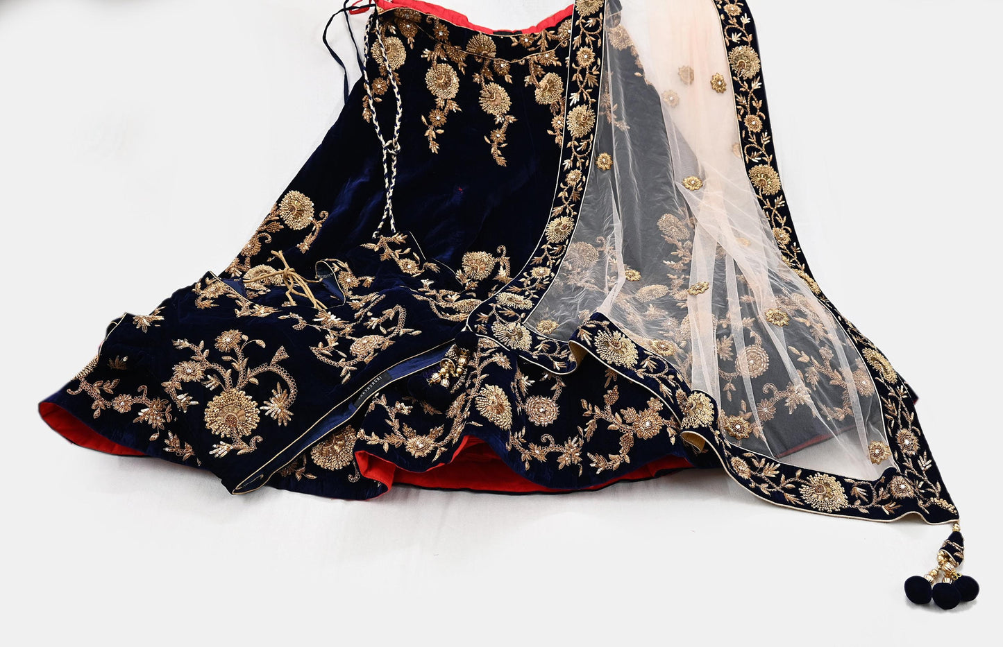 Indian Pre-owned Heavy Blue & Peach Velvet/Net Hand Embroidered Lehenga 3pcs Set By Designer Sabyasachi Bridal Wear With Padded Blouse