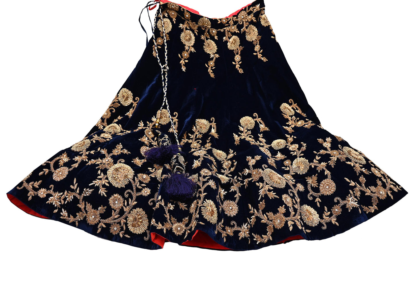 Indian Vintage Heavy Blue Velvet Hand Embroidered Lehenga Skirt By Designer Sabyasachi Bridal Wear Dabka/ Zardozi