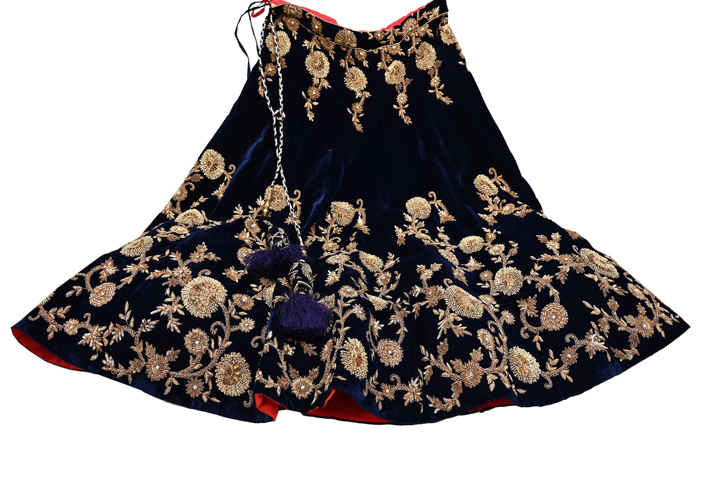 Indian Vintage Heavy Blue Velvet Hand Embroidered Lehenga Skirt By Designer Sabyasachi Bridal Wear Dabka/ Zardozi
