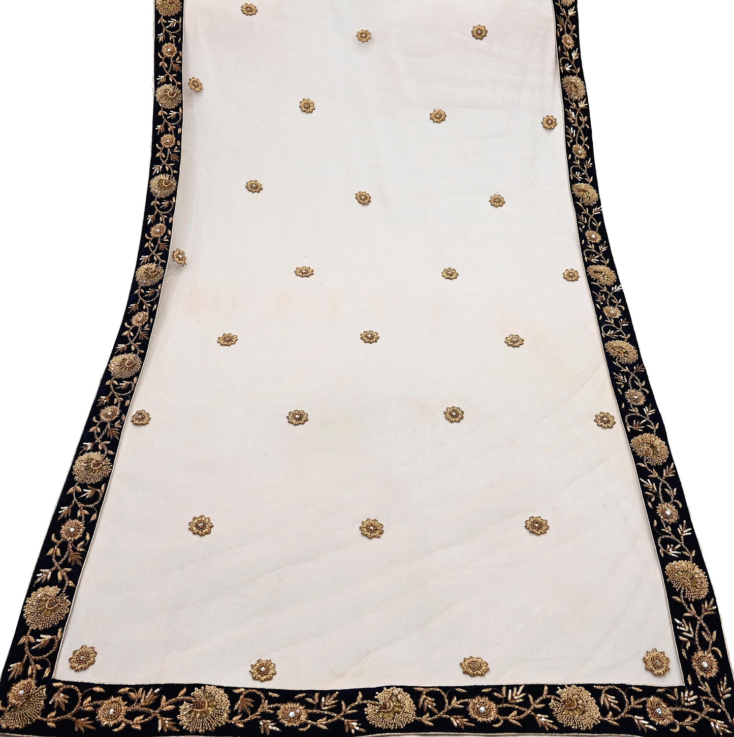 Indian Vintage Heavy Dupatta Blue Net Long Stole Hand Embroidered By Designer Sabyasachi Scarves Zardozi Bridal Veil