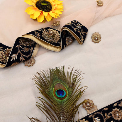 Indian Vintage Heavy Dupatta Blue Net Long Stole Hand Embroidered By Designer Sabyasachi Scarves Zardozi Bridal Veil