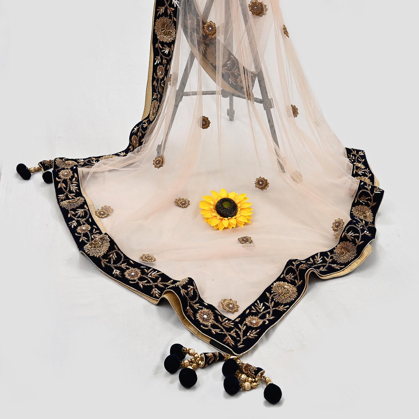 Indian Vintage Heavy Dupatta Blue Net Long Stole Hand Embroidered By Designer Sabyasachi Scarves Zardozi Bridal Veil