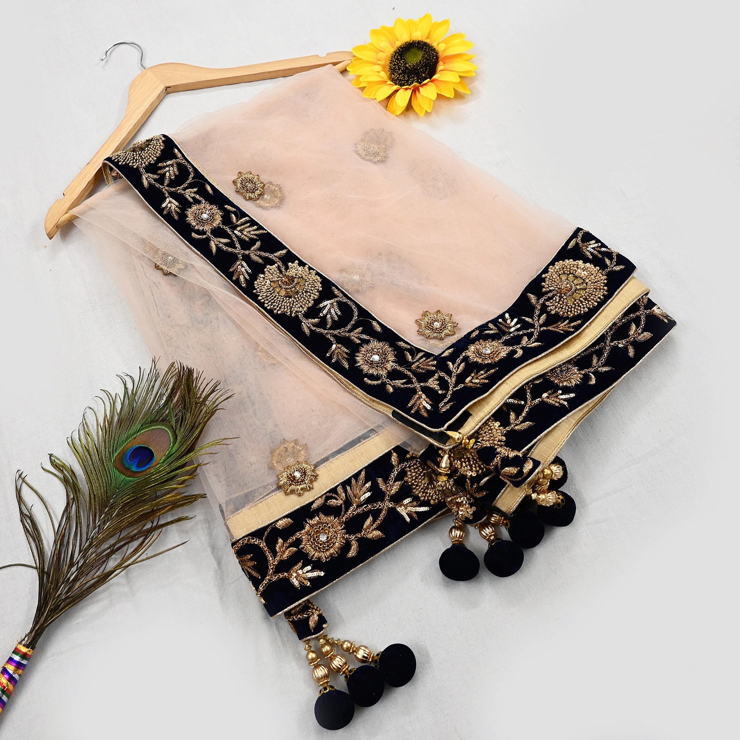 Indian Vintage Heavy Dupatta Blue Net Long Stole Hand Embroidered By Designer Sabyasachi Scarves Zardozi Bridal Veil