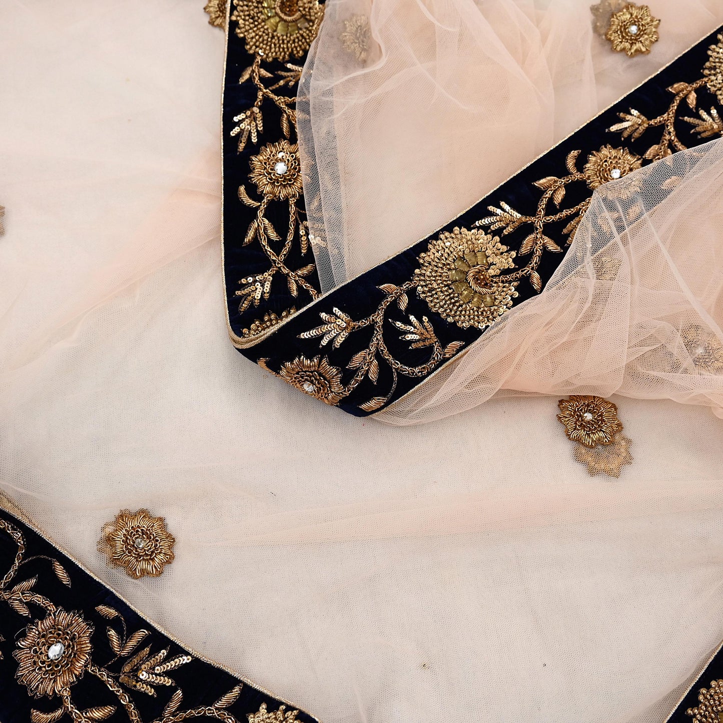 Indian Vintage Heavy Dupatta Blue Net Long Stole Hand Embroidered By Designer Sabyasachi Scarves Zardozi Bridal Veil