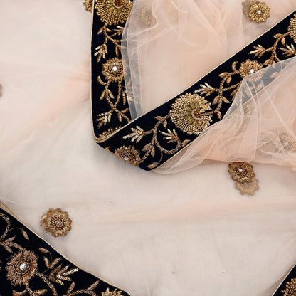 Indian Vintage Heavy Dupatta Blue Net Long Stole Hand Embroidered By Designer Sabyasachi Scarves Zardozi Bridal Veil