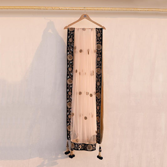 Indian Vintage Heavy Dupatta Blue Net Long Stole Hand Embroidered By Designer Sabyasachi Scarves Zardozi Bridal Veil