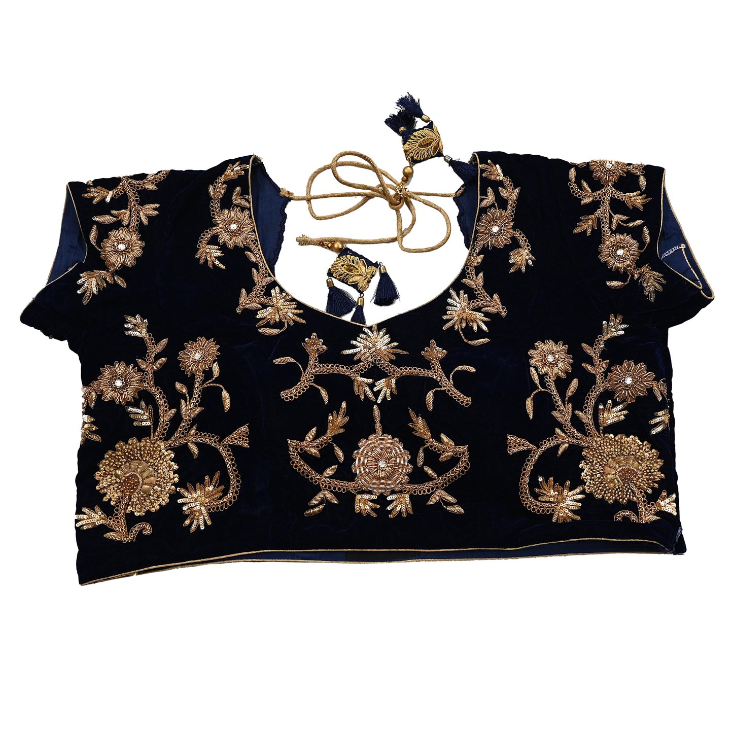 Indian Pre-owned Heavy Blue Velvet Hand Embroidered By Designer Sabyasachi Padded Blouse/Top/Crop XL Size Party wear Bollywood