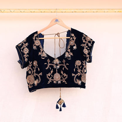 Indian Pre-owned Heavy Blue Velvet Hand Embroidered By Designer Sabyasachi Padded Blouse/Top/Crop XL Size Party wear Bollywood