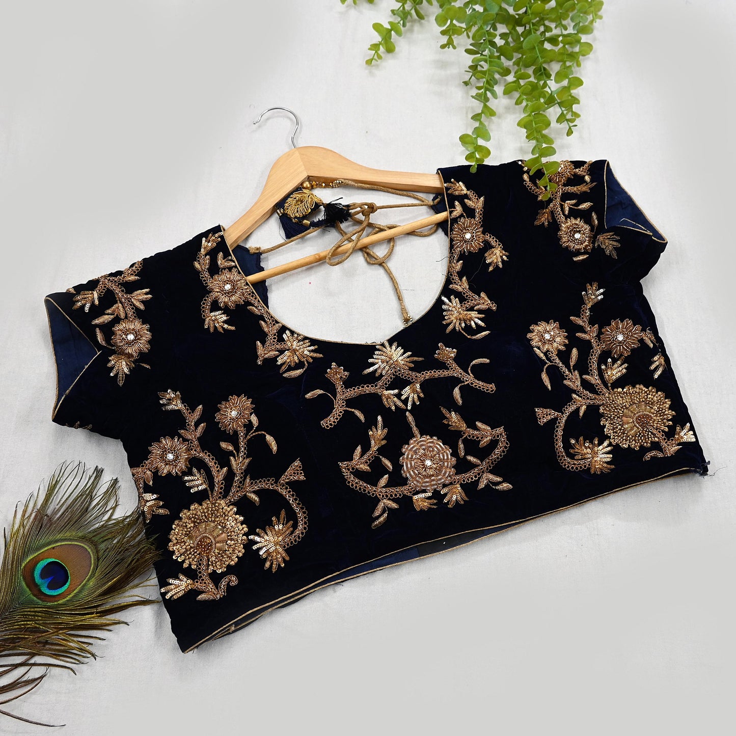 Indian Pre-owned Heavy Blue Velvet Hand Embroidered By Designer Sabyasachi Padded Blouse/Top/Crop XL Size Party wear Bollywood