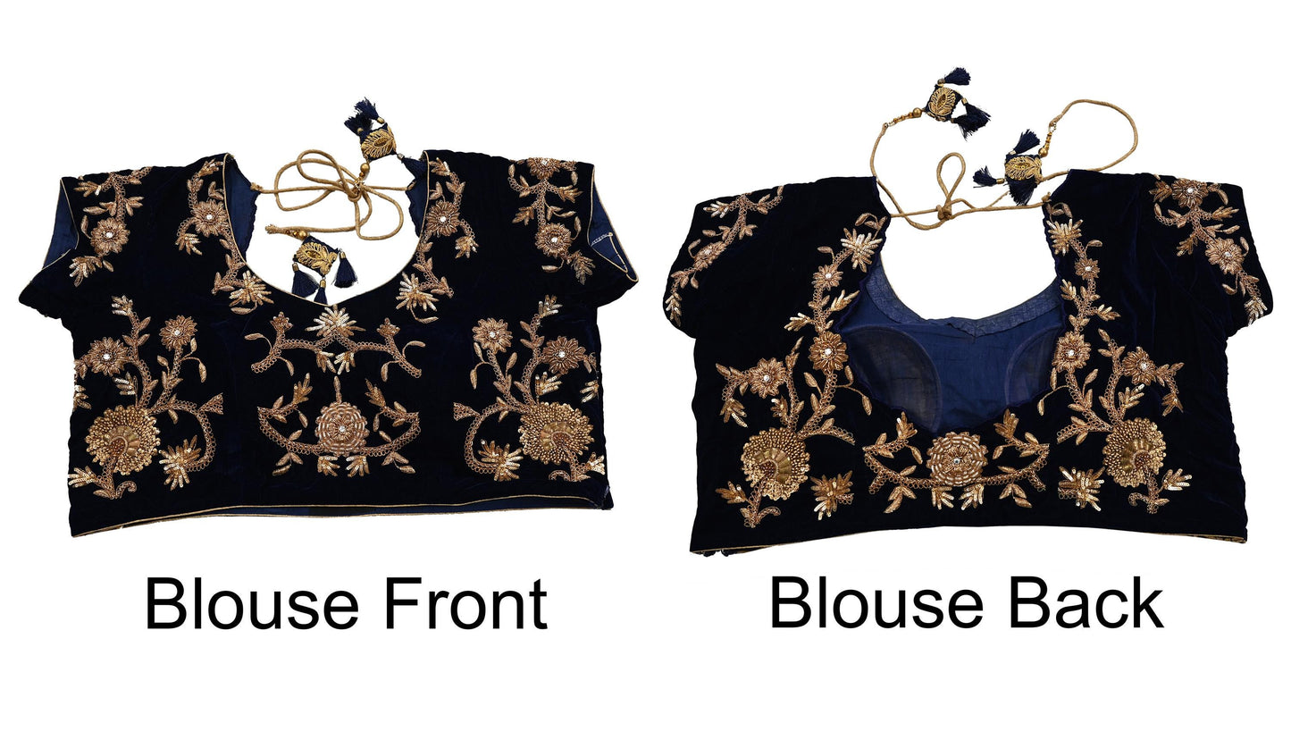 Indian Pre-owned Heavy Blue Velvet Hand Embroidered By Designer Sabyasachi Padded Blouse/Top/Crop XL Size Party wear Bollywood