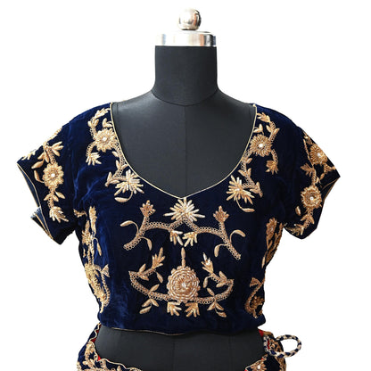 Indian Pre-owned Heavy Blue Velvet Hand Embroidered By Designer Sabyasachi Padded Blouse/Top/Crop XL Size Party wear Bollywood