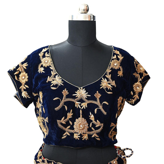 Indian Pre-owned Heavy Blue Velvet Hand Embroidered By Designer Sabyasachi Padded Blouse/Top/Crop XL Size Party wear Bollywood