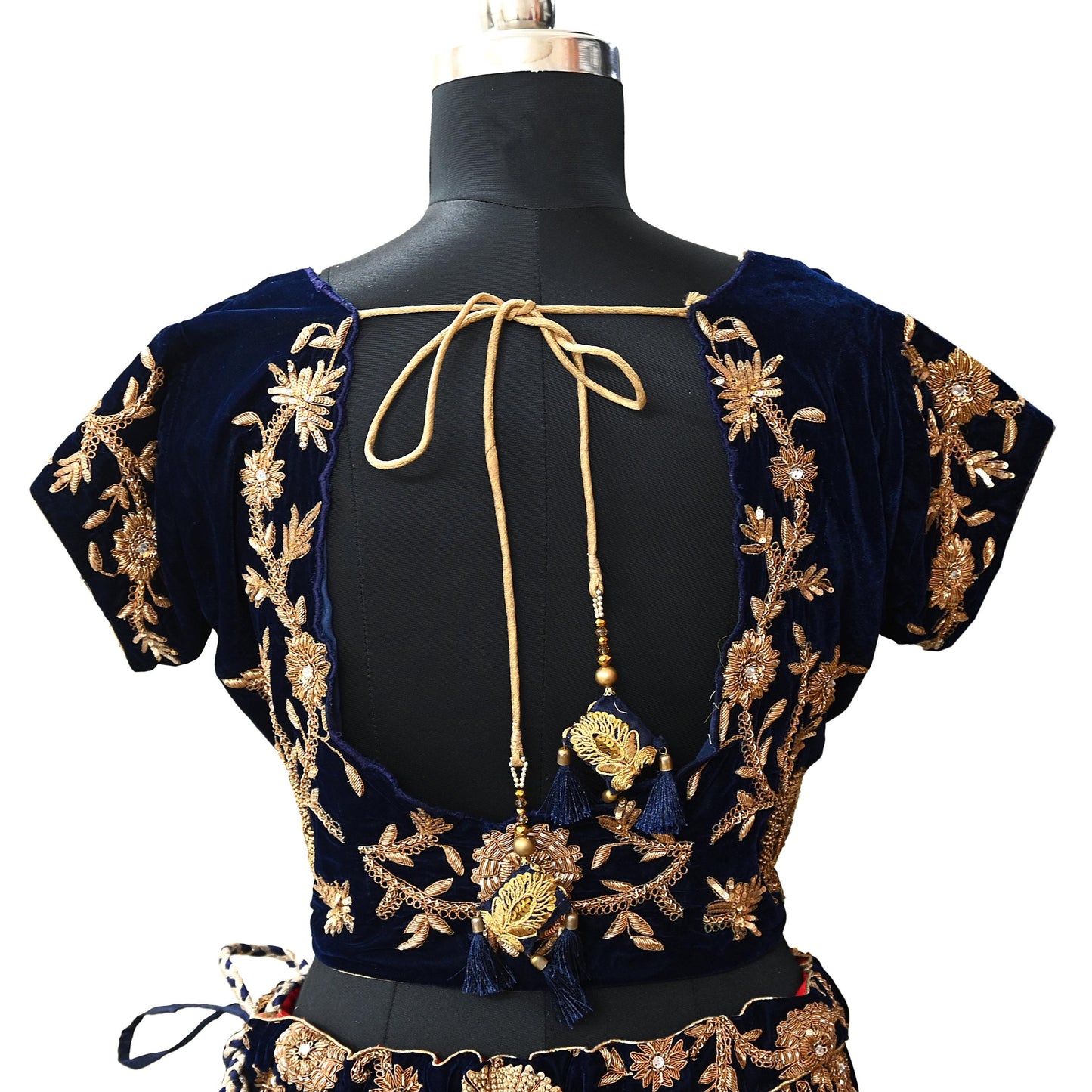 Indian Pre-owned Heavy Blue Velvet Hand Embroidered By Designer Sabyasachi Padded Blouse/Top/Crop XL Size Party wear Bollywood