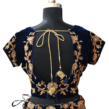 Indian Pre-owned Heavy Blue Velvet Hand Embroidered By Designer Sabyasachi Padded Blouse/Top/Crop XL Size Party wear Bollywood