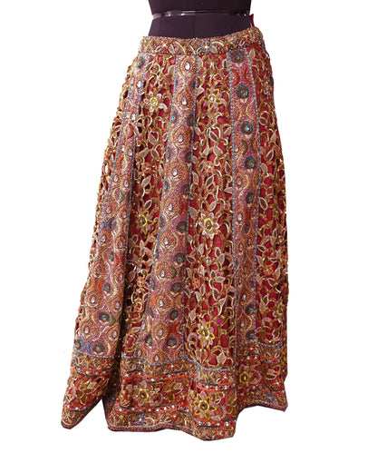 Indian Pre-Owned Heavy Wedding Red Pure Satin Silk Hand Embroidered Lehenga/Skirt Designer By Manish Malhotra Bridal Wear Zardozi/ Dabka
