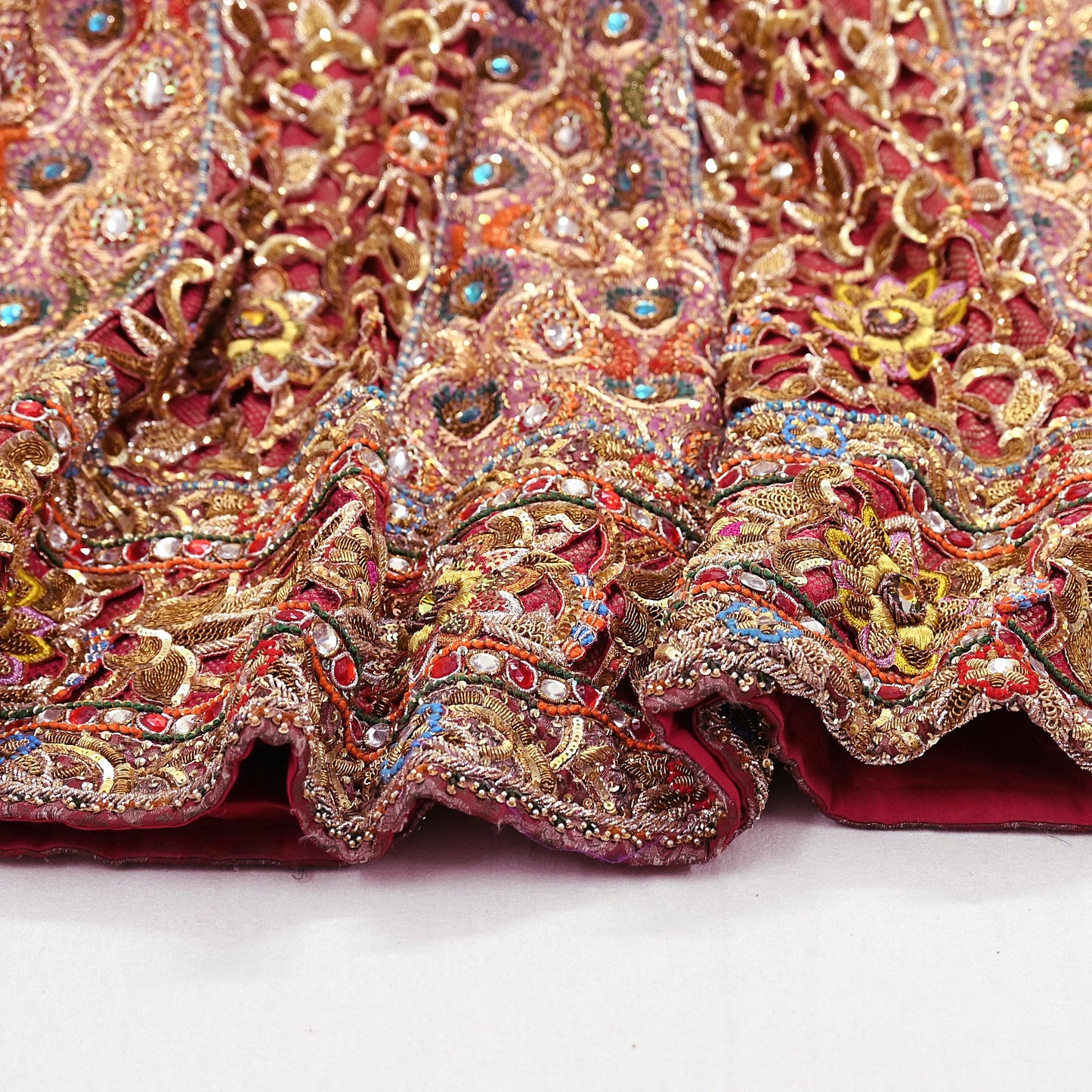 Indian Pre-Owned Heavy Wedding Red Pure Satin Silk Hand Embroidered Lehenga/Skirt Designer By Manish Malhotra Bridal Wear Zardozi/ Dabka