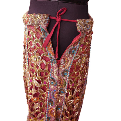 Indian Pre-Owned Heavy Wedding Red Pure Satin Silk Hand Embroidered Lehenga/Skirt Designer By Manish Malhotra Bridal Wear Zardozi/ Dabka