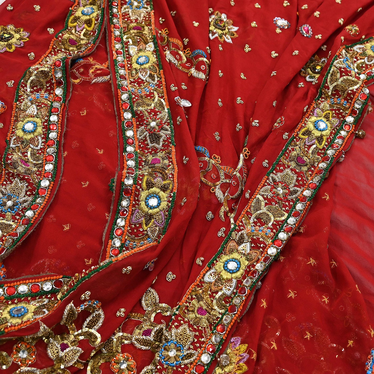 Indian Pre-owned Heavy Red Pure Georgette Silk Hand Embroidered Dupatta Designer By Manish Malhotra Bridal Wear Dabka Zardozi Veil Hijab