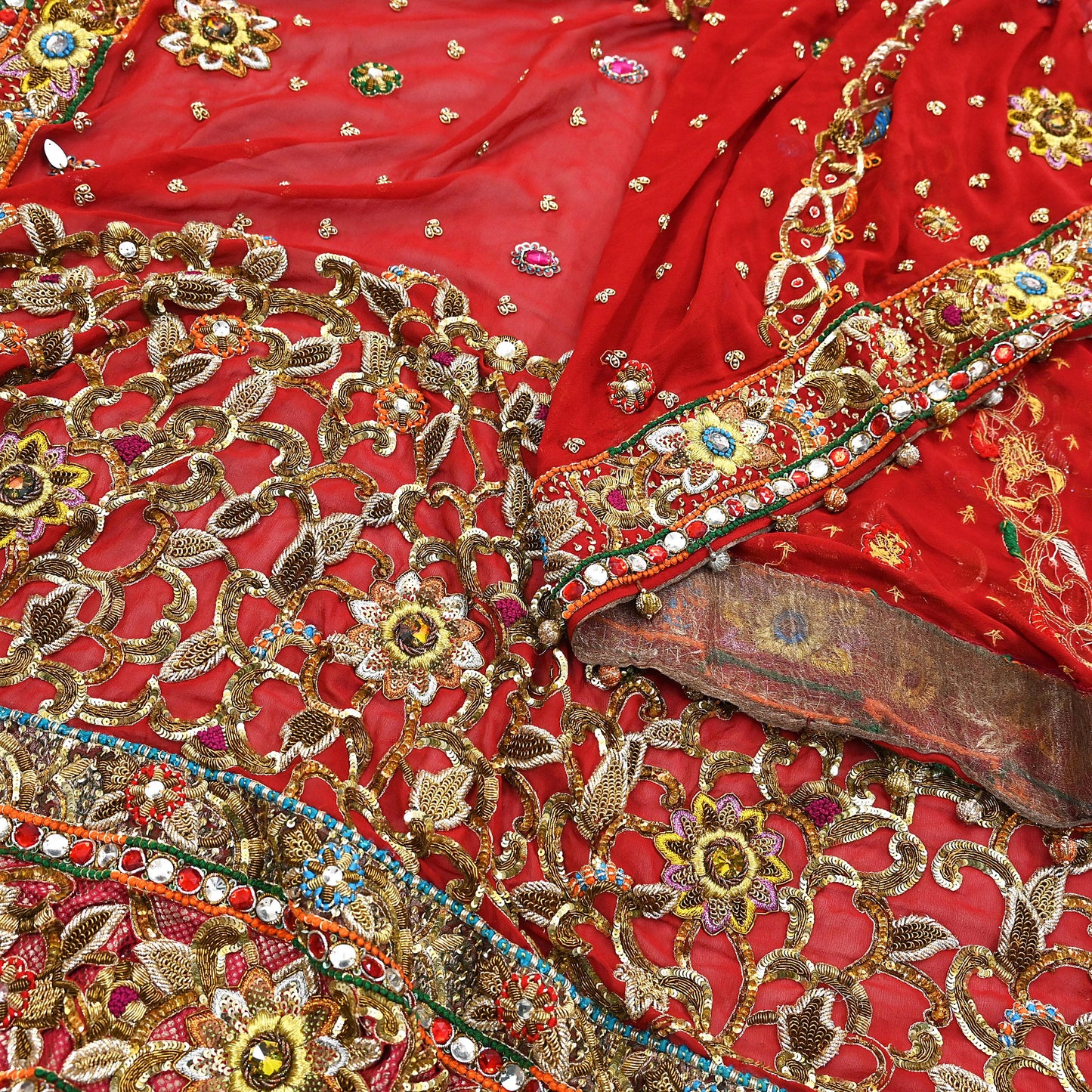 Indian Pre-owned Heavy Red Pure Georgette Silk Hand Embroidered Dupatta Designer By Manish Malhotra Bridal Wear Dabka Zardozi Veil Hijab