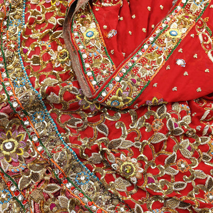 Indian Pre-owned Heavy Red Pure Georgette Silk Hand Embroidered Dupatta Designer By Manish Malhotra Bridal Wear Dabka Zardozi Veil Hijab