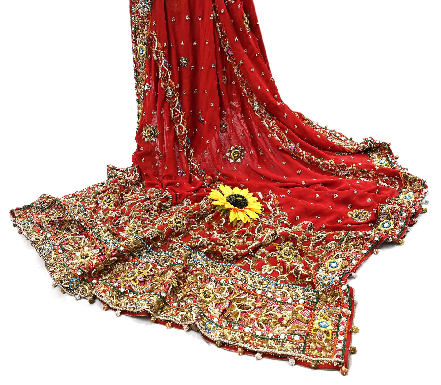 Indian Pre-owned Heavy Red Pure Georgette Silk Hand Embroidered Dupatta Designer By Manish Malhotra Bridal Wear Dabka Zardozi Veil Hijab