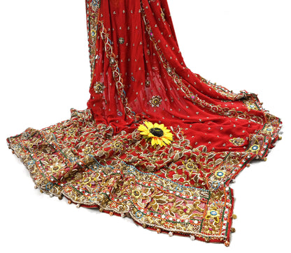 Indian Pre-owned Heavy Red Pure Georgette Silk Hand Embroidered Dupatta Designer By Manish Malhotra Bridal Wear Dabka Zardozi Veil Hijab