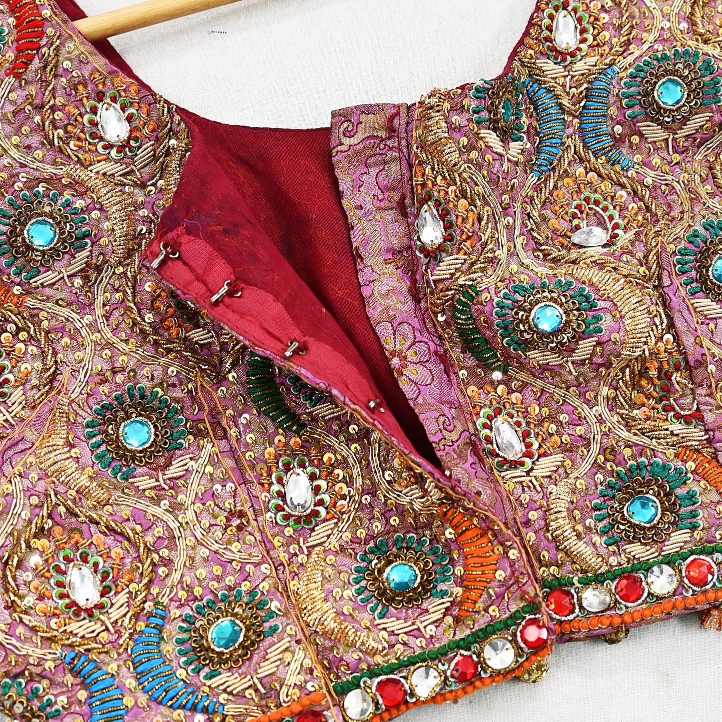 Indian Pre-owned Red Pure satin silk Hand Embroidered By Designer manish malhotra Blouse/Top/Crop M Size Party wear Bollywood