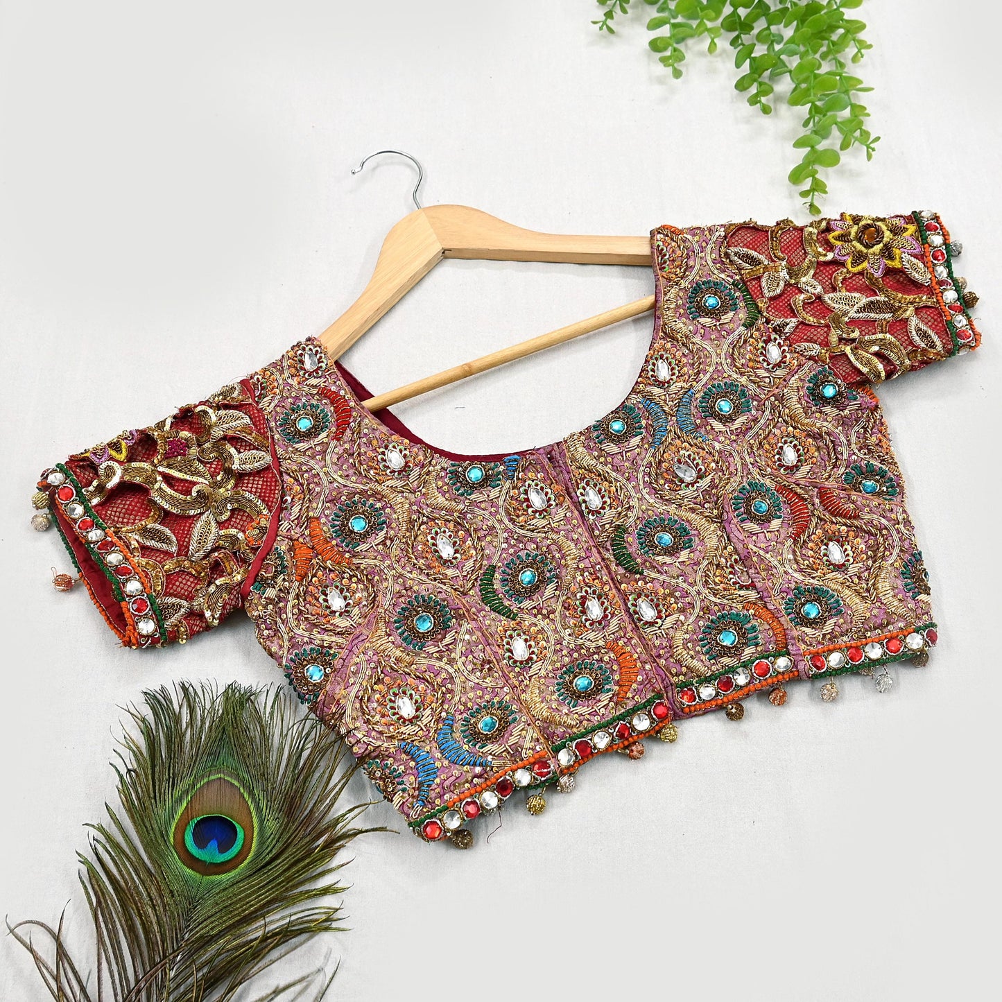 Indian Pre-owned Red Pure satin silk Hand Embroidered By Designer manish malhotra Blouse/Top/Crop M Size Party wear Bollywood