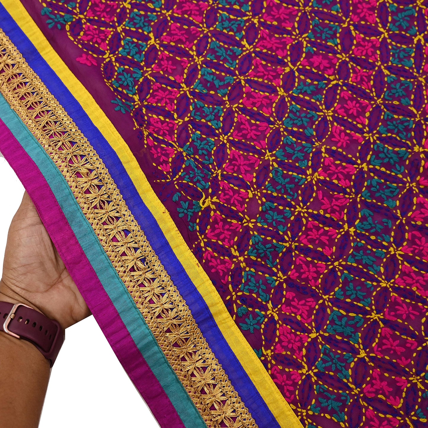 Indian Vintage Dupatta Purple Long Stole Blend Georgette Hand Embroidered Phulkari Stole Scarves Party wear