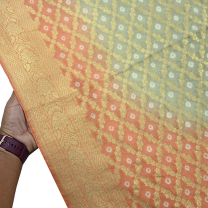 Indian Vintage Green & Orange Dupatta Long Stole Cotton Woven Bandhani Veil Scarves soft Boho Wrap Hijab