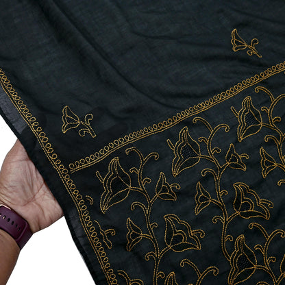 Indian Vintage Dupatta Black Long Stole Pure Cotton Hand Embroidered Kantha Scarves Veil Scarf Wrap For Women's