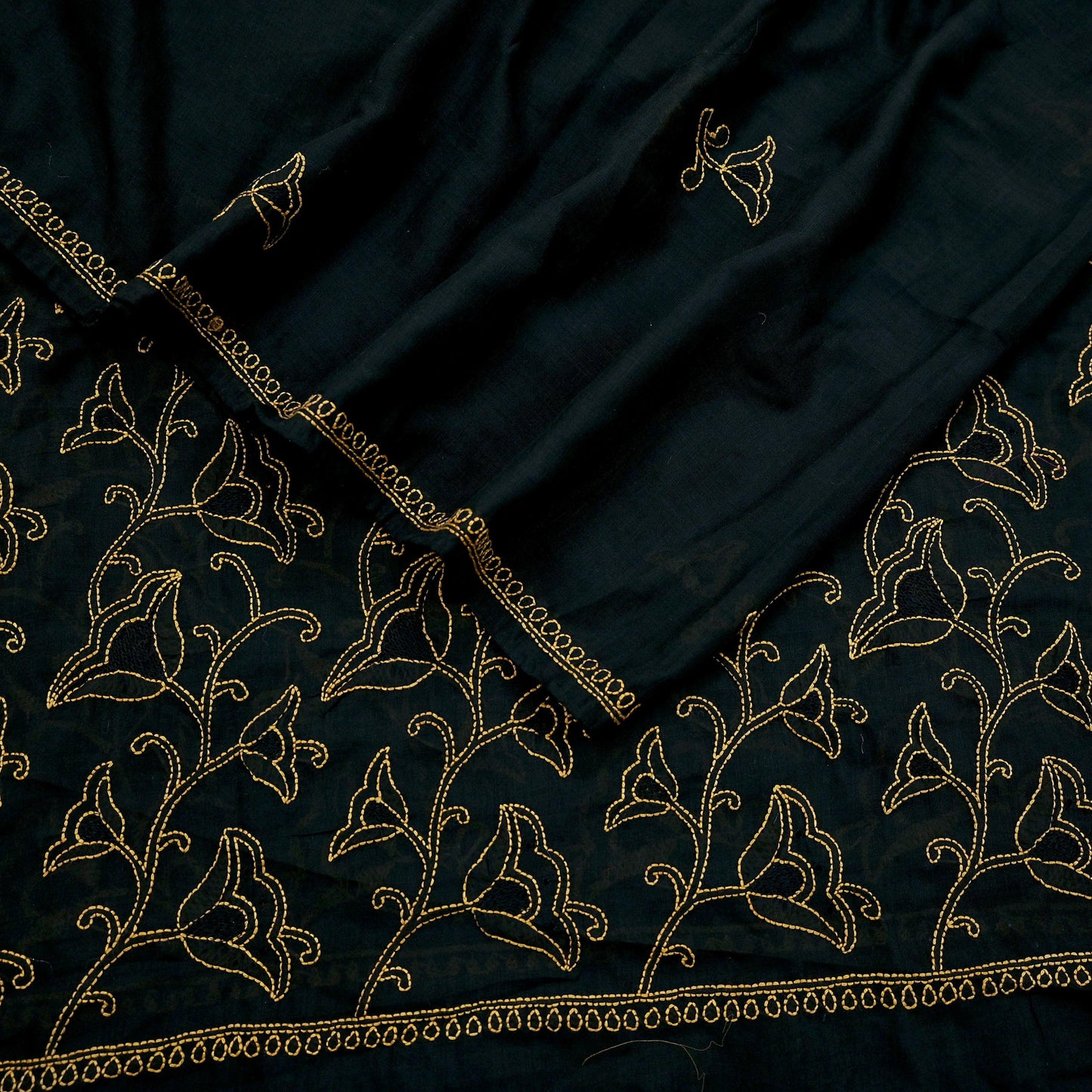 Indian Vintage Dupatta Black Long Stole Pure Cotton Hand Embroidered Kantha Scarves Veil Scarf Wrap For Women's