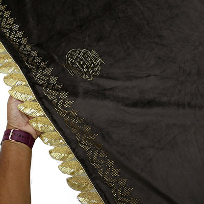 Indian Vintage Heavy Brown Dupatta Velvet Long Stole Hand Embroidered Scarves Golden Border Veil Hijab
