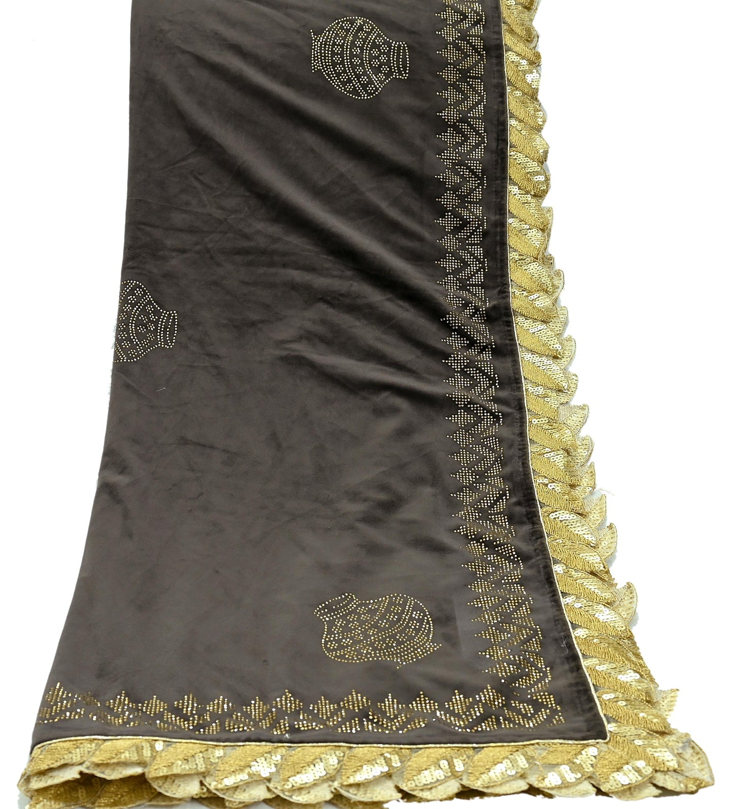 Indian Vintage Heavy Brown Dupatta Velvet Long Stole Hand Embroidered Scarves Golden Border Veil Hijab