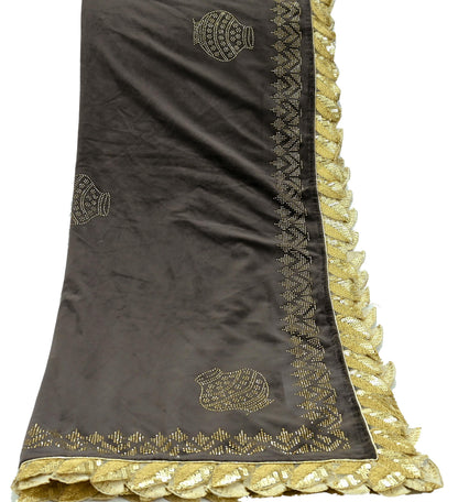 Indian Vintage Heavy Brown Dupatta Velvet Long Stole Hand Embroidered Scarves Golden Border Veil Hijab