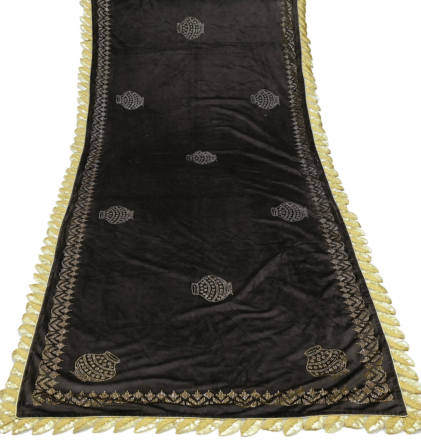 Indian Vintage Heavy Brown Dupatta Velvet Long Stole Hand Embroidered Scarves Golden Border Veil Hijab
