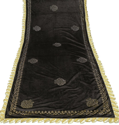 Indian Vintage Heavy Brown Dupatta Velvet Long Stole Hand Embroidered Scarves Golden Border Veil Hijab