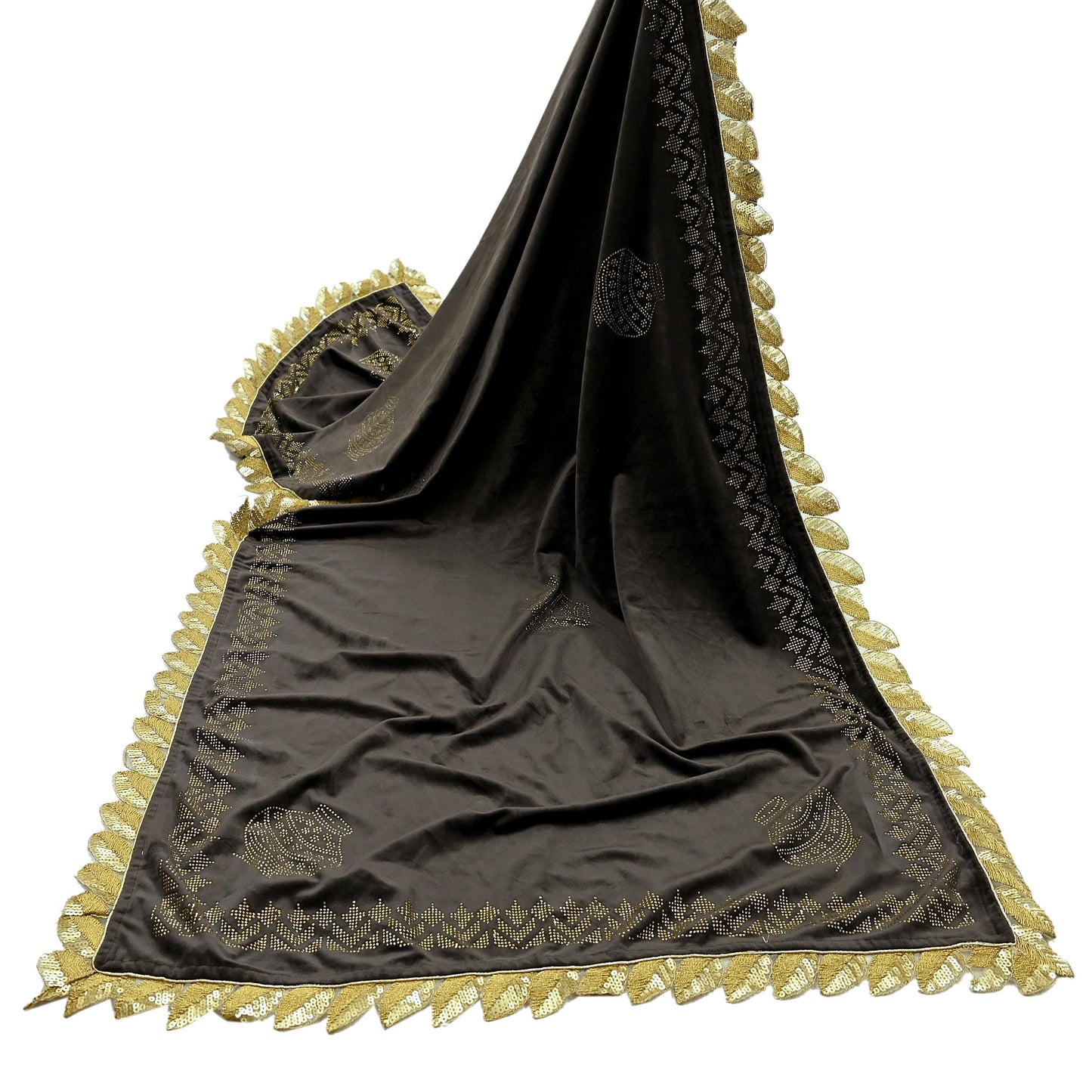 Indian Vintage Heavy Brown Dupatta Velvet Long Stole Hand Embroidered Scarves Golden Border Veil Hijab