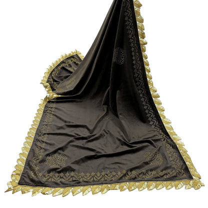 Indian Vintage Heavy Brown Dupatta Velvet Long Stole Hand Embroidered Scarves Golden Border Veil Hijab