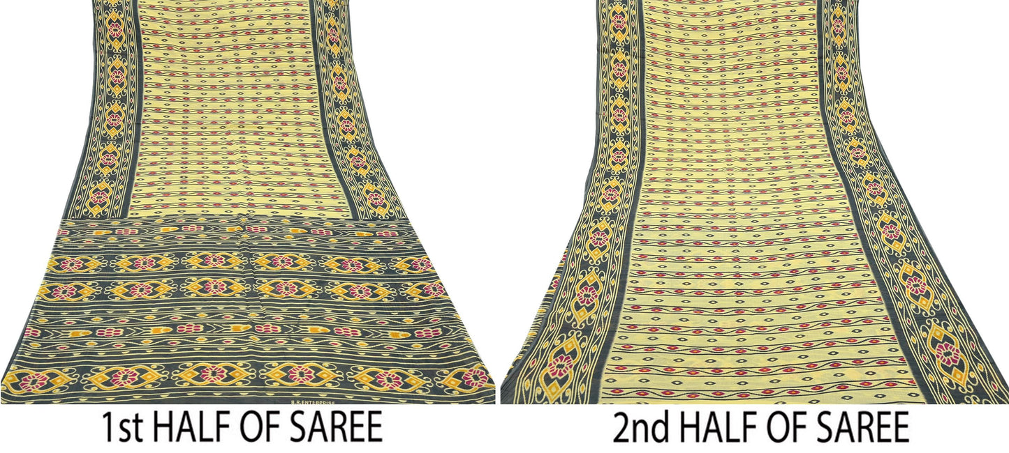 Indian Vintage Sari Blue & Gray Printed 100% Pure Cotton Saree Craft Fabric 5Yd Soft Sewing Sarong Wrap Boho Stripes Dress making Quilting