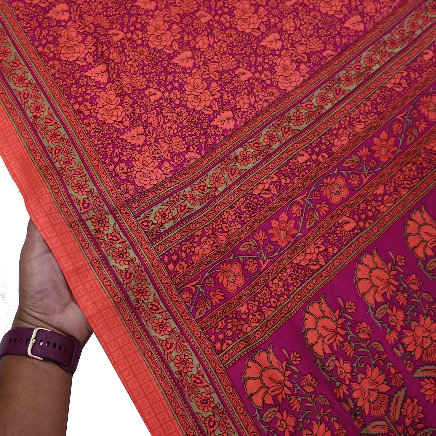 Indian Vintage Saree Peach & Purple Moss Crepe Printed Sari 5 Yards Floral Soft Fabric for Sewing, Dressmaking, Crafting, Quilting