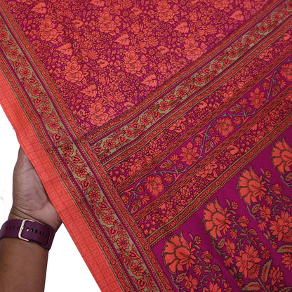 Indian Vintage Saree Peach & Purple Moss Crepe Printed Sari 5 Yards Floral Soft Fabric for Sewing, Dressmaking, Crafting, Quilting