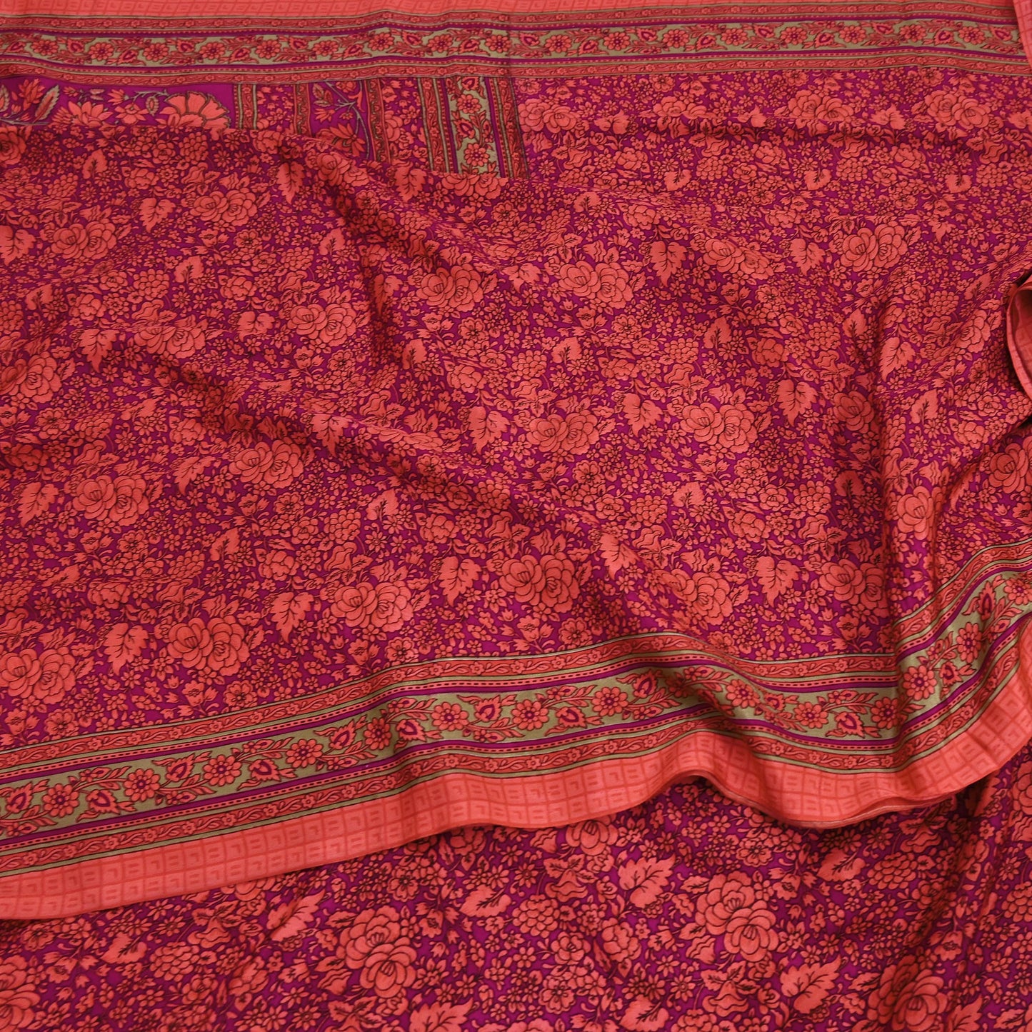 Indian Vintage Saree Peach & Purple Moss Crepe Printed Sari 5 Yards Floral Soft Fabric for Sewing, Dressmaking, Crafting, Quilting