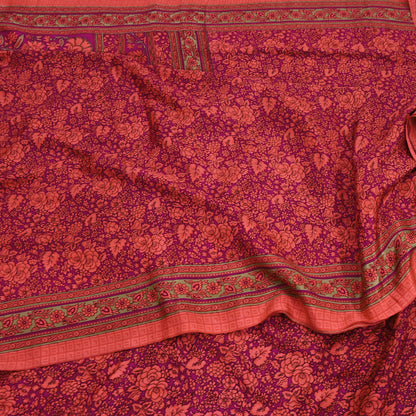 Indian Vintage Saree Peach & Purple Moss Crepe Printed Sari 5 Yards Floral Soft Fabric for Sewing, Dressmaking, Crafting, Quilting